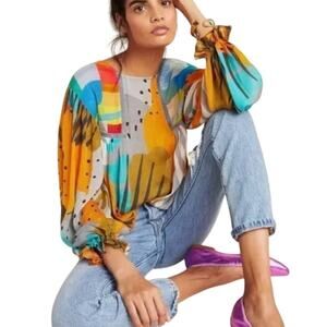 BL^NK LONDON Colorful Artsy Abstract Miranda Peasant Blouse SM Art To Wear Flowy